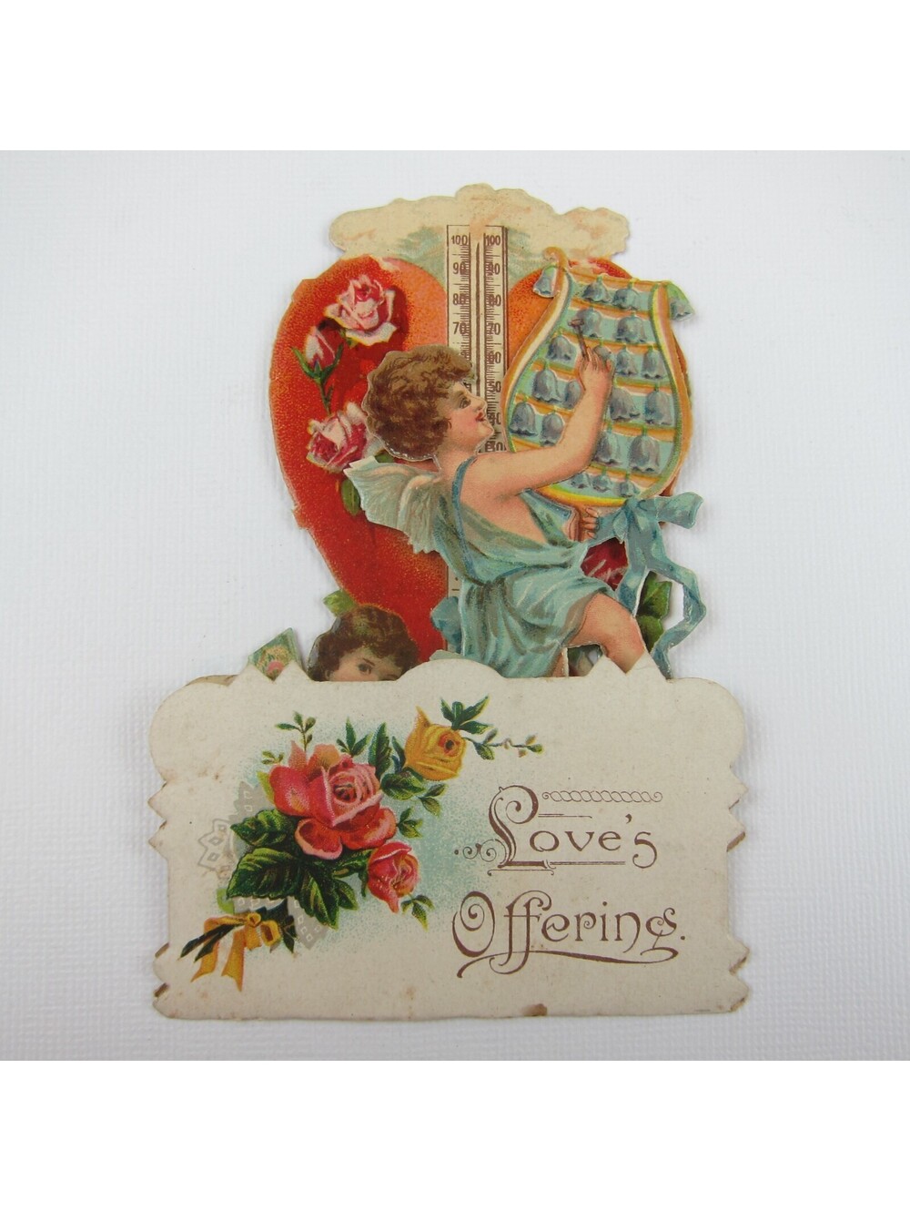 Vintage Valentine 3D Pop Up Die Cut Angel Boys Bell Music Red Heart Thermometer